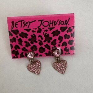 Betsy Johnson heart shaped pierced earrings-Pink crystals-Stamped Love Me